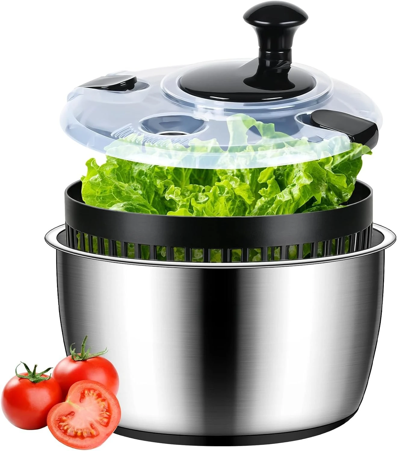 5.3QT Large Stainless Steel Salad Spinner,  Metal Salad Spinner With Locking Lid & Non-Slip Base, Lettuce Spinner For Wa