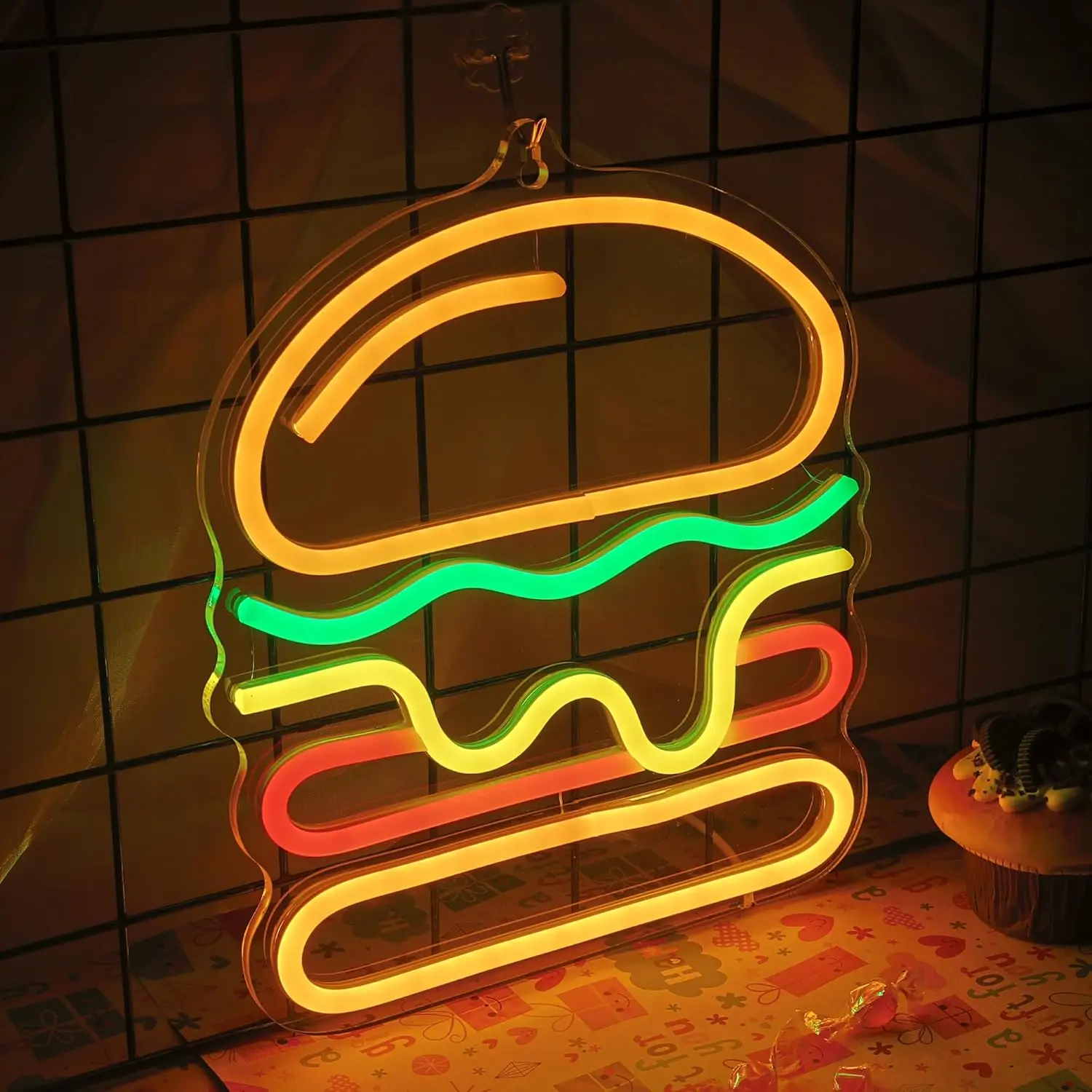 علامة Attivolife همبرغر النيون لديكور الحائط، تضيء مصباح LED للطعام اللذيذ مع يعمل بمنفذ USB خافت، أعمال فريدة من نوعها