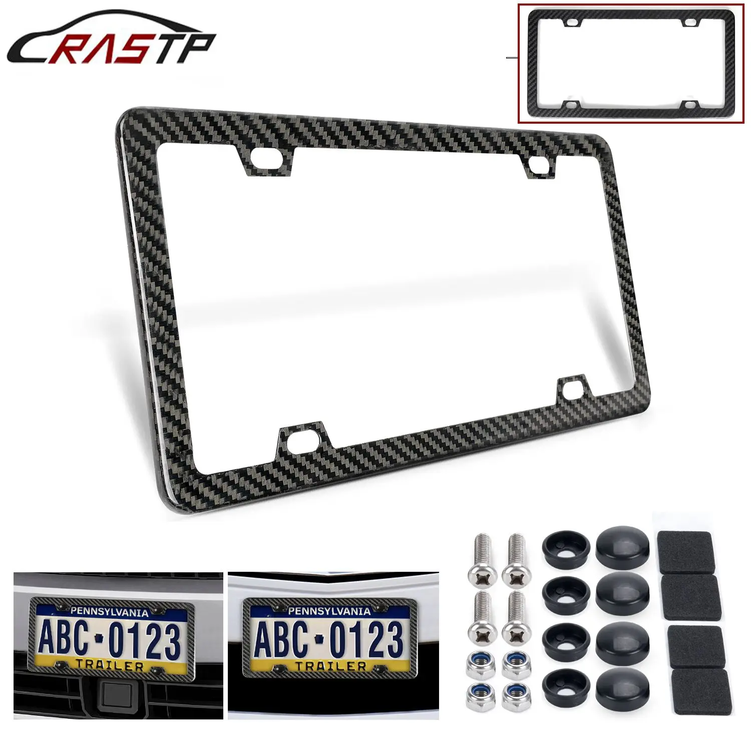 

RASTP-100% Рамка номерного знака из настоящего черного углеродного волокна, шелковая, с 4 отверстиями и крышками с винтами, подходит для большинства номерных знаков США и Канады