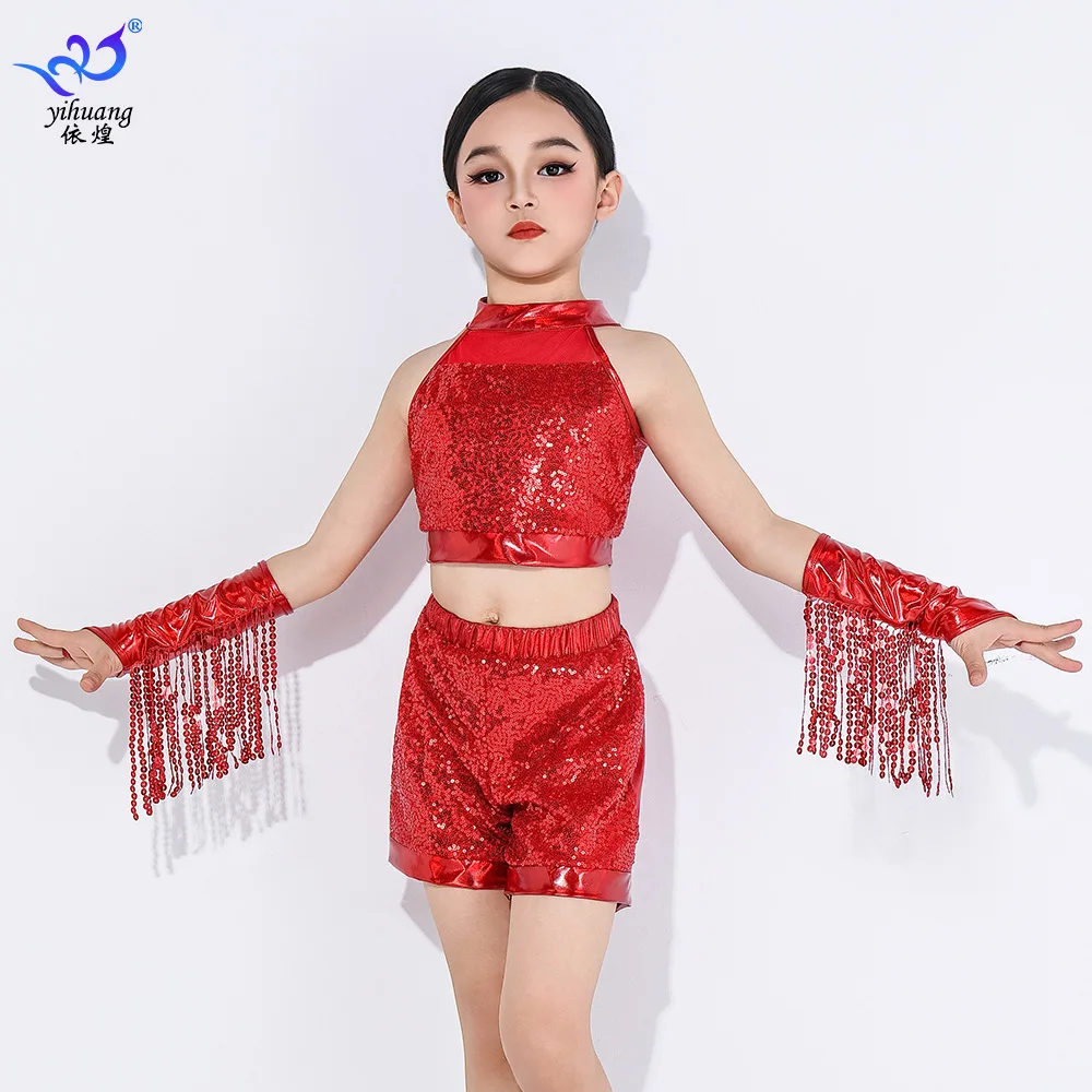 

1 компл./лот, детские модные костюмы для джазовых танцев с блестками, модная одежда для девочек в стиле хип-хоп, танцевальная одежда