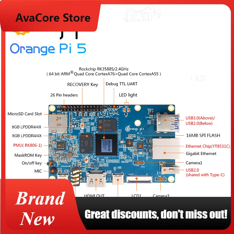 AvaCoreOrange Pi 5 16GB SBC+WiFi6 BT5.0 Module+Metal Case+ 5V4A Type-C Power Supply 4pcs Sets RK3588S Gigabit Ethernet Mini PC S