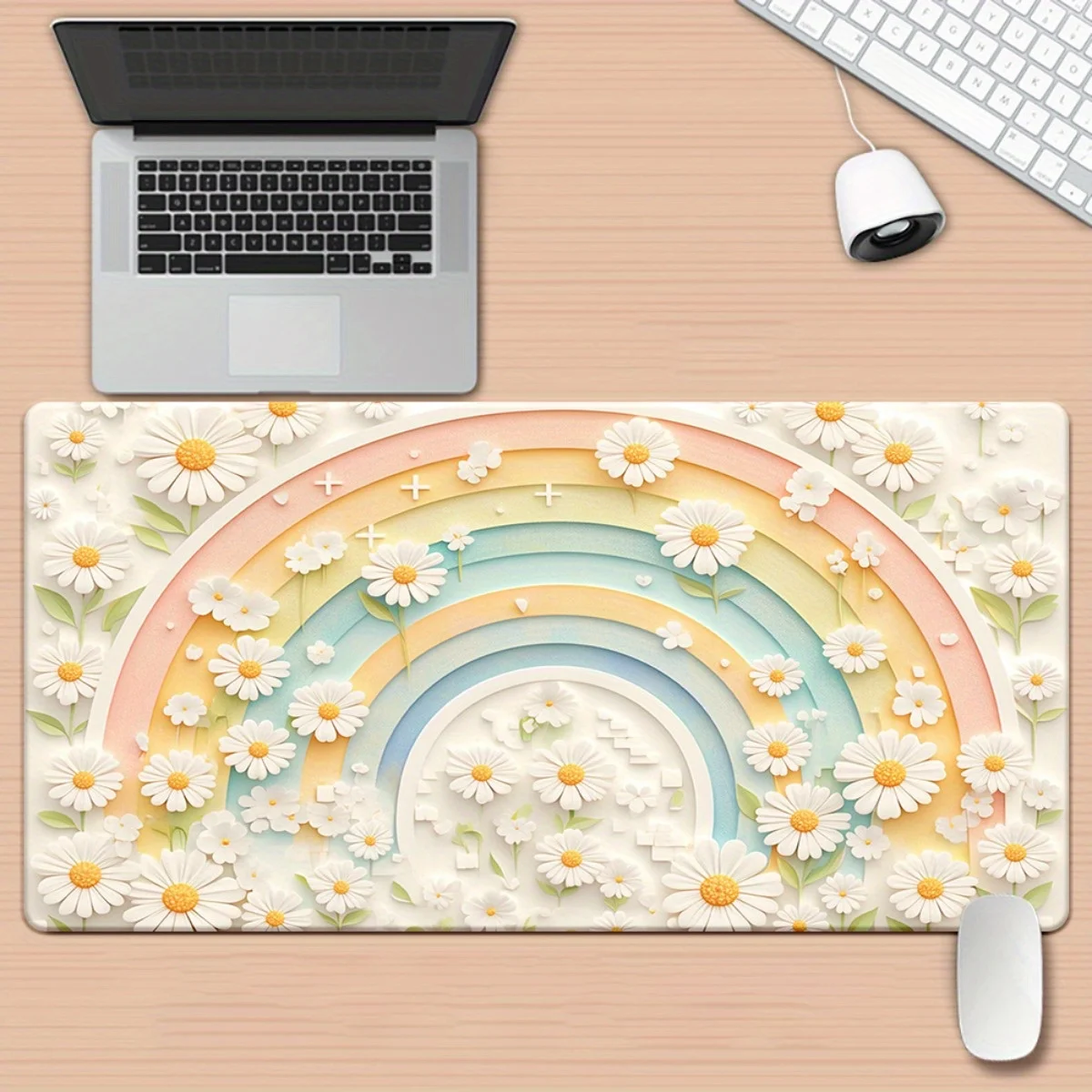 

1pc XXL Rainbow Pastel Clouds & Daisy Flowers Desk Pad - Non-Slip Rubber Base Gaming & Office Mouse Pad, Large Computer Mat for