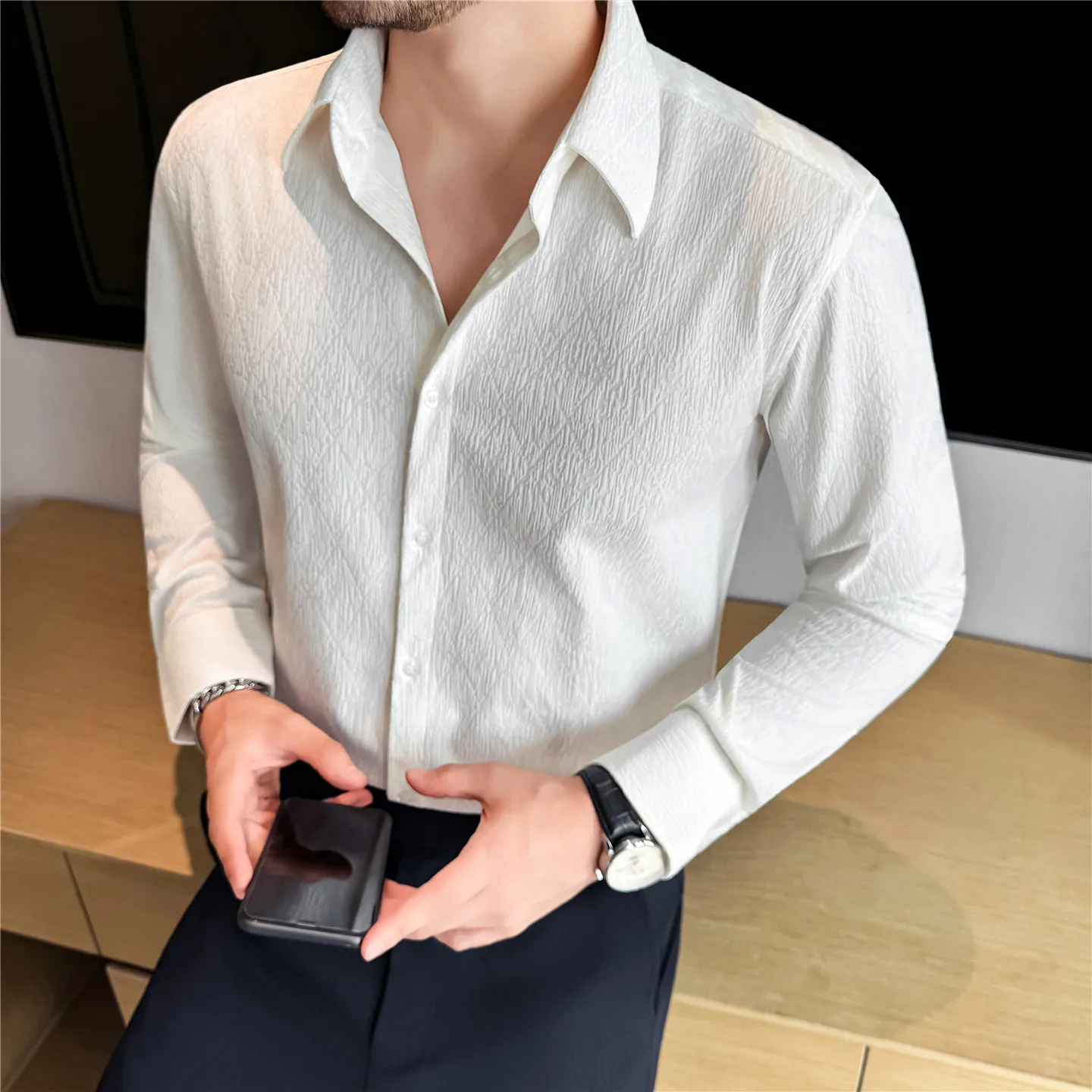 

High Quality Jacquard Plaid Shirts Men Clothes 2025 Korean Luxury Slim Fit Men's Social Shirt Long Sleeve Business Formal Wear