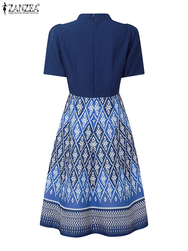 ZANZEA 빈티지 에스닉 프린트 패치 워크 a 라인 드레스 여성 보헤미안 우아한 스탠드 칼라 짧은 소매 무릎 길이 가운 Femme