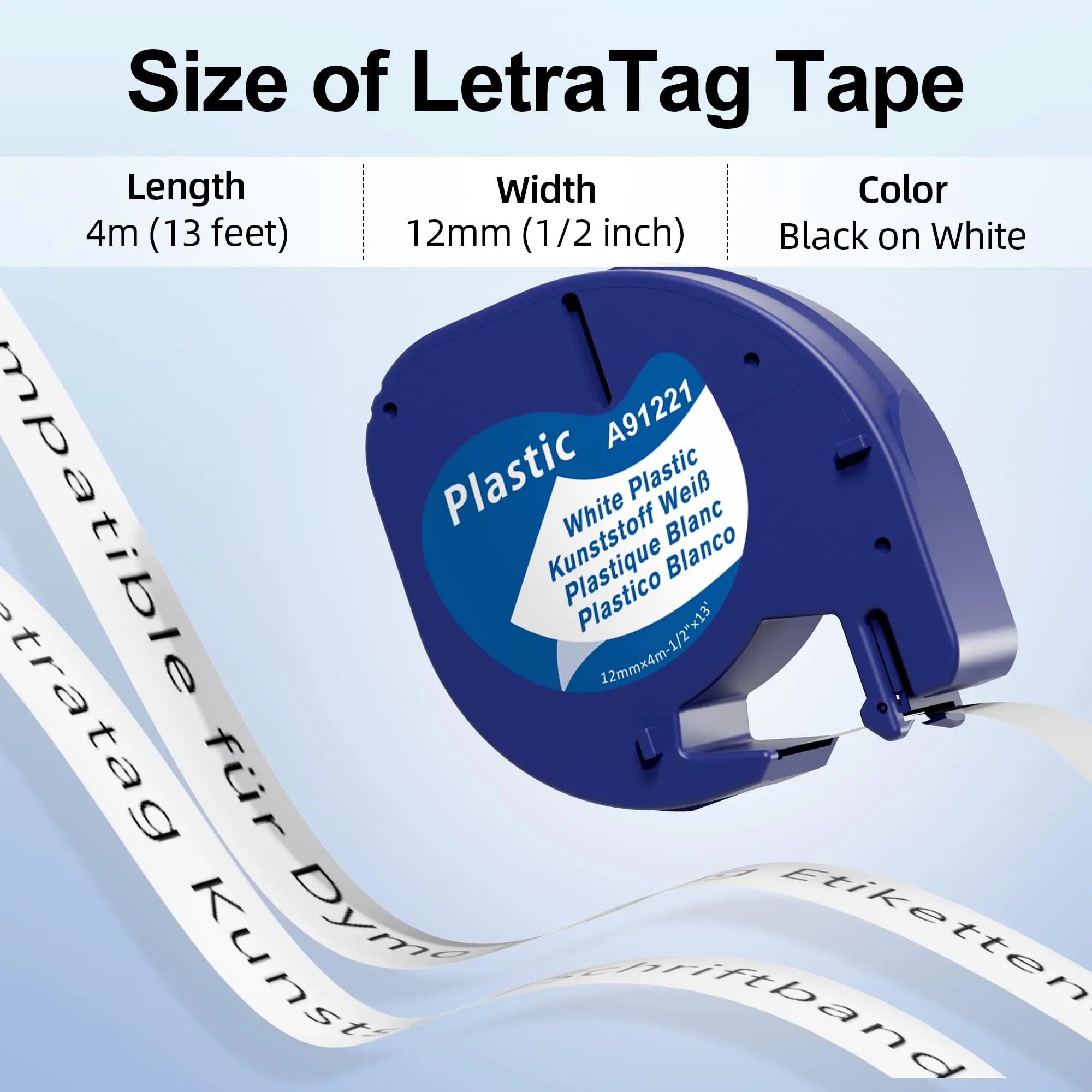 Fita de etiqueta Letratag para Letratag, plástico, papel, cartucho de tecido, preto no branco, 91201, Letratag LT-100H, Labelmaker 200B, QX50, 12mm