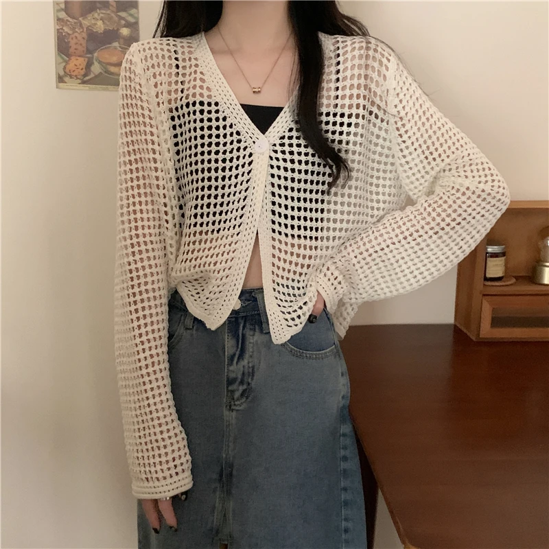 Pointelle Knit Long Sleeve One Button Cardigan Sweater for Women Cover-Up Spring Summer Y2K Grunge Outfit