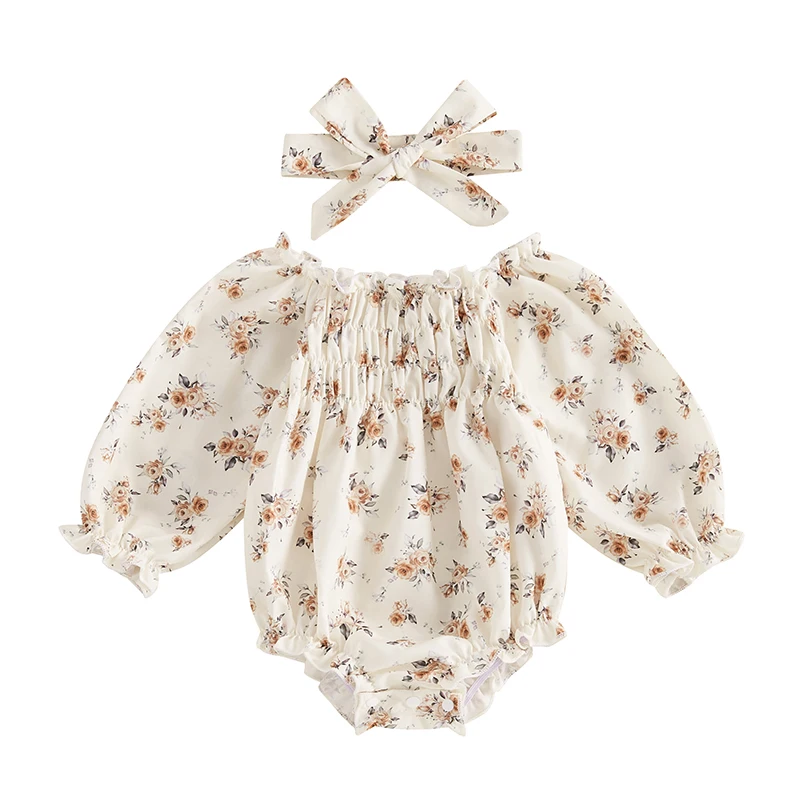 

Baby Girl 2Pcs Fall Outfits Floral Print Long Sleeve Smocked Bodysuit with Headband Set Infant Clothes