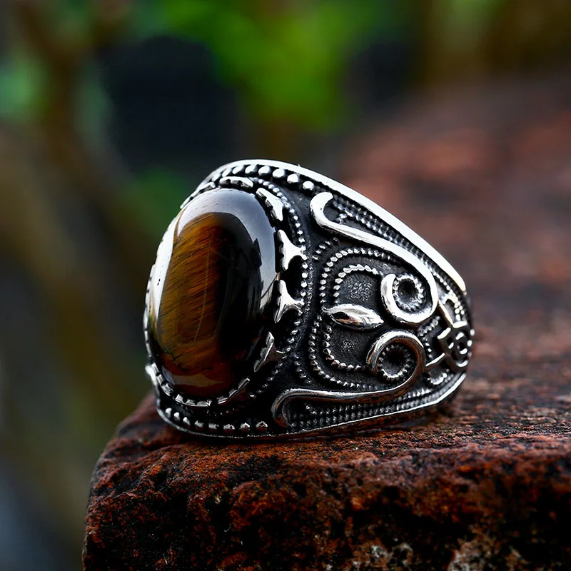 BEIER Vintage Man Boy Oval Tiger Eye Brown Stones Ring in Stainless Steel Jewelry Mens Accessories Anel Aneis BR8-699