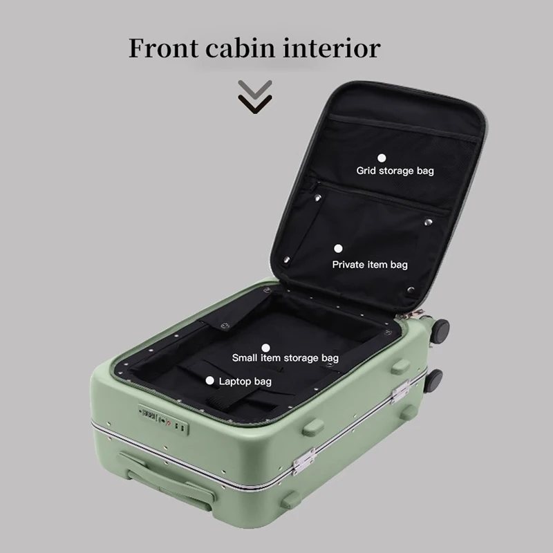 SUSHIMU Front Laptop Pocket Suitcase Wide Handle Travel Suitcase 20\'\'Carry-On Luggage Women PC Aluminum Frame Trolley Case 24\'\'