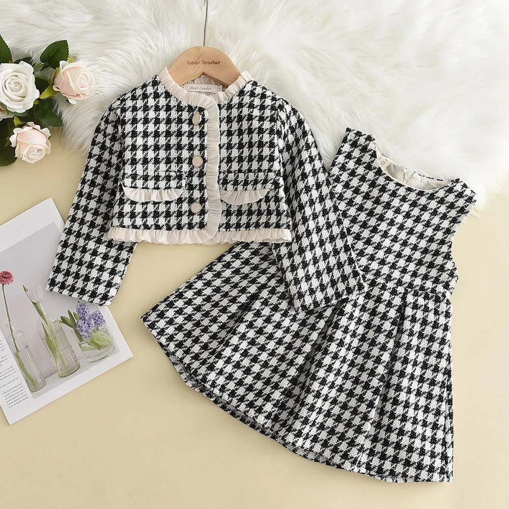 Bear Leader Girls Clothes Set 2-6 Y Spring Autumn New Girls Plaid Vest Dress Retro Outwear Coat 2 Pcs Fashion Baby Party Outfits