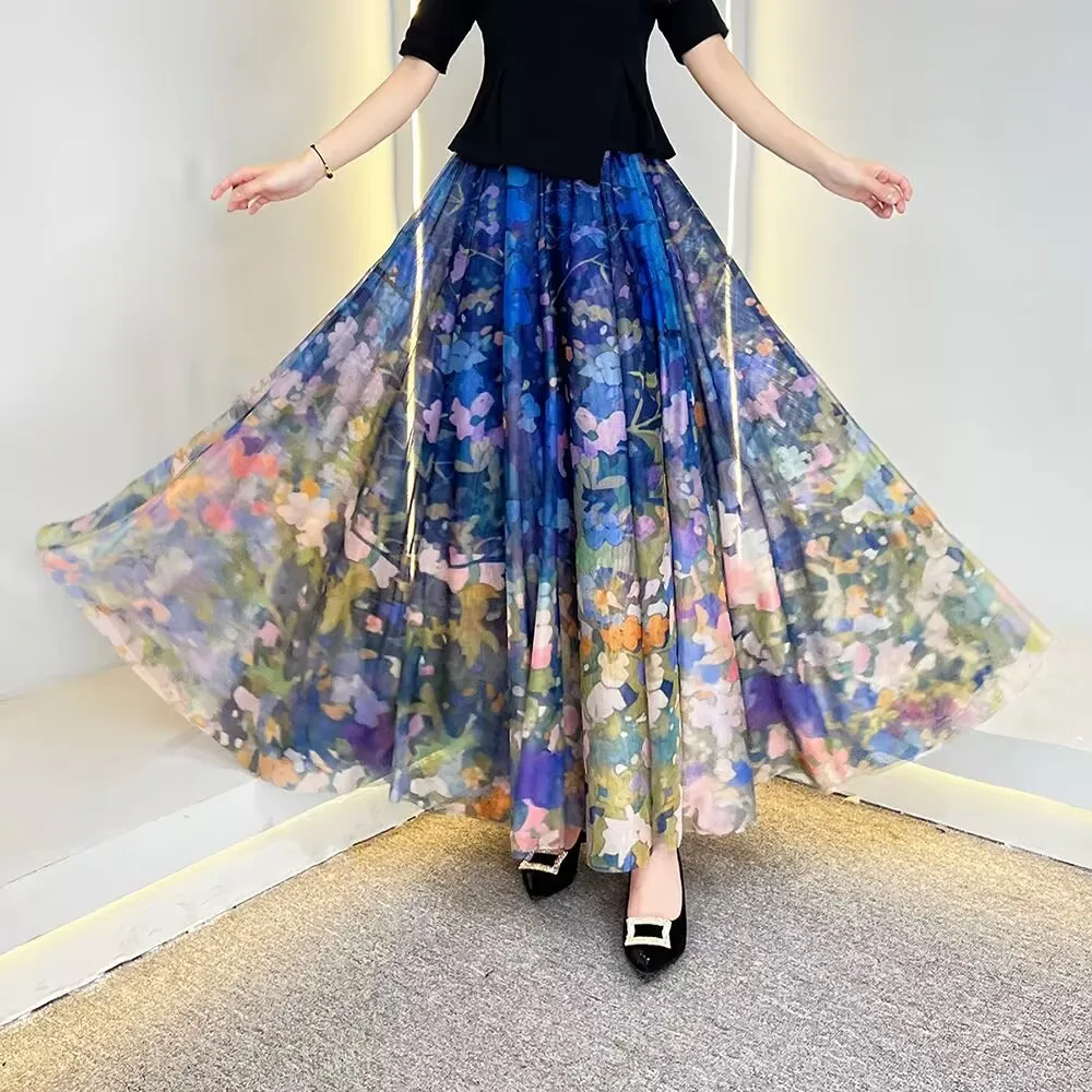 

2025 New Women A-Line High Waist Skirt Tulle Long Skirt Dance Skirt Floral Print Maxi Mesh Skirt