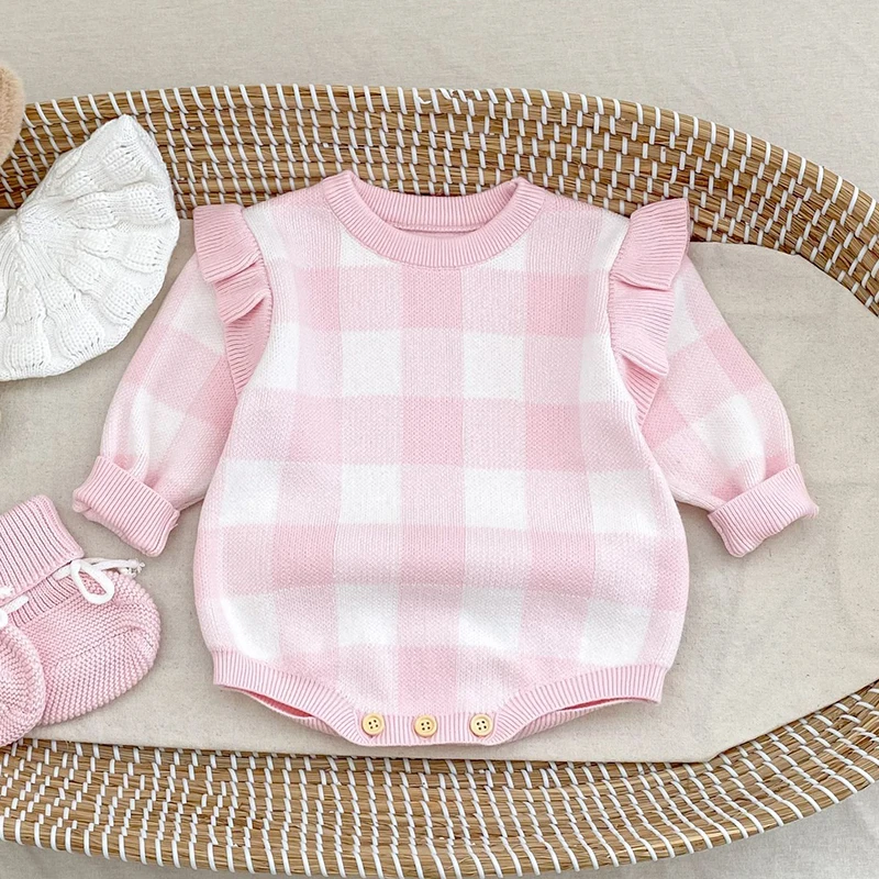 

2025 New Autumn 0-24M Baby Girl Knitted Clothing Toddler Baby Girl Knitted Romper Long Sleeves Grid Infant Baby Girls Jumpsuit