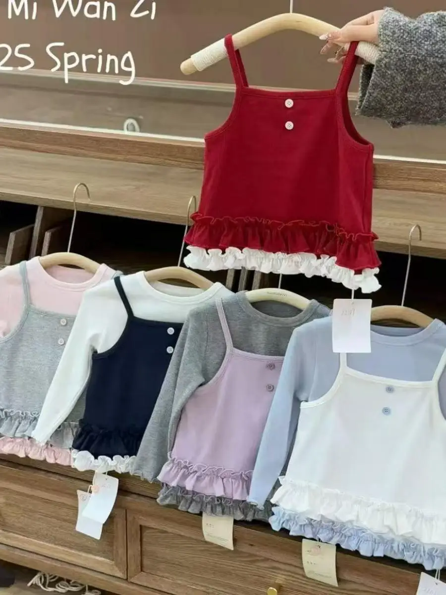 

Spring Sle Girls Ruffle Trim Csole Top Long Sve Base irt Trendy Korean Sle Sweet round Ne Pure Color Silk Material