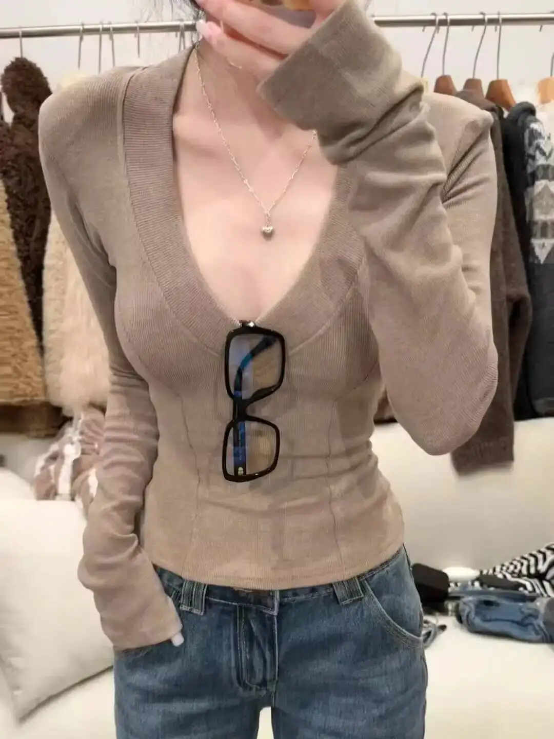 

Women's Long Sleeve T-shirt 2026 Spring Autumn V Neck Base Layer Fleece Lined Brushed Warm Slim Fit Long-Sleeve T Shirt Top