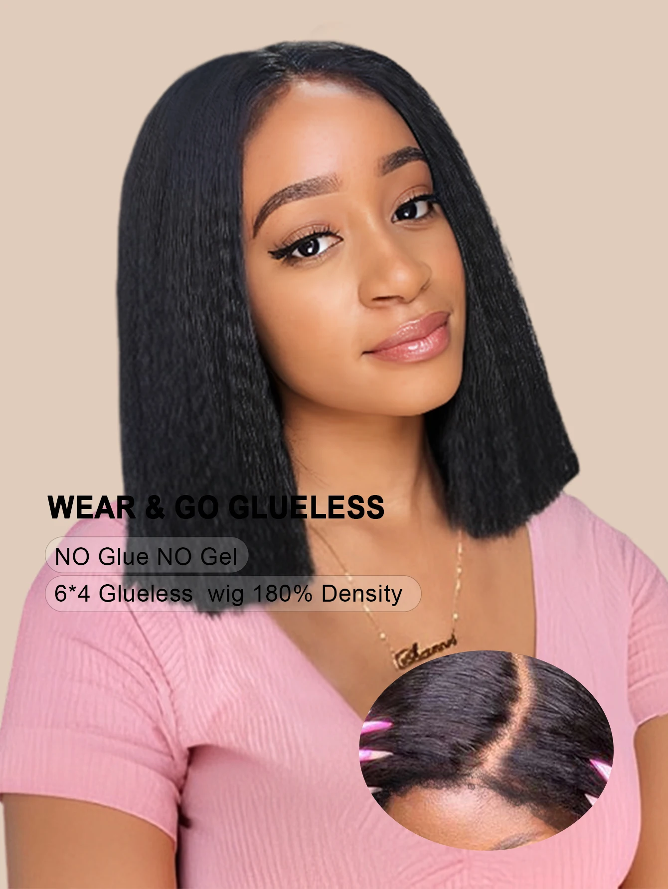 여성용 밥 가발 야키 6x4 HD 레이스 글루리스 인모, 킨키 스트레이트 헤어, 짧은 밥 프리 컷 레이스 가발