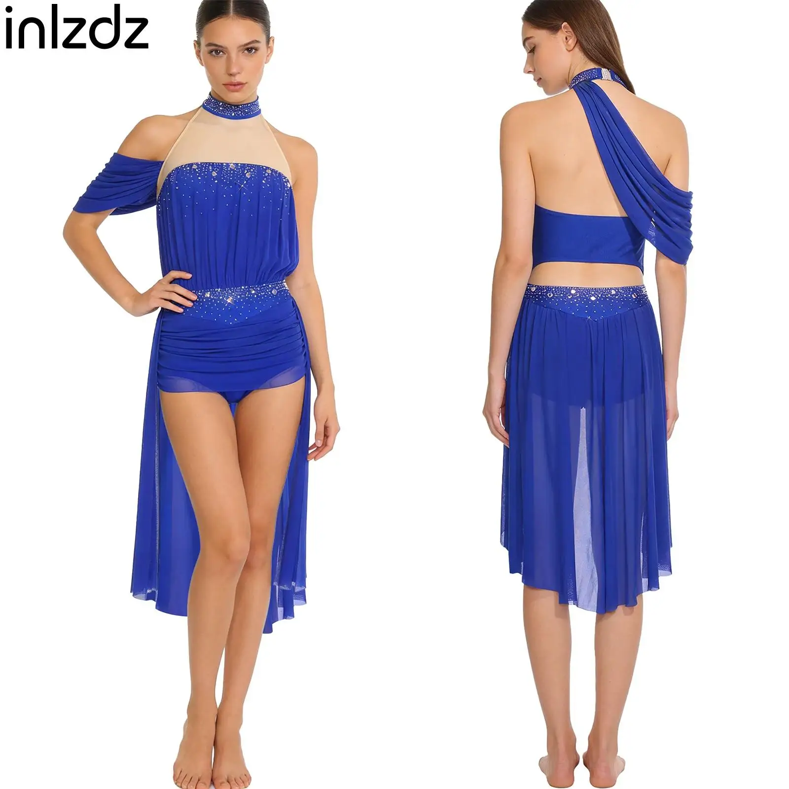 

Women Adult Gymnastics Skating Dance Costume Ballet Lyrical Latin Dance Wear Rhinestone Ruched Mesh Halter Bodysuit Dress Outfit