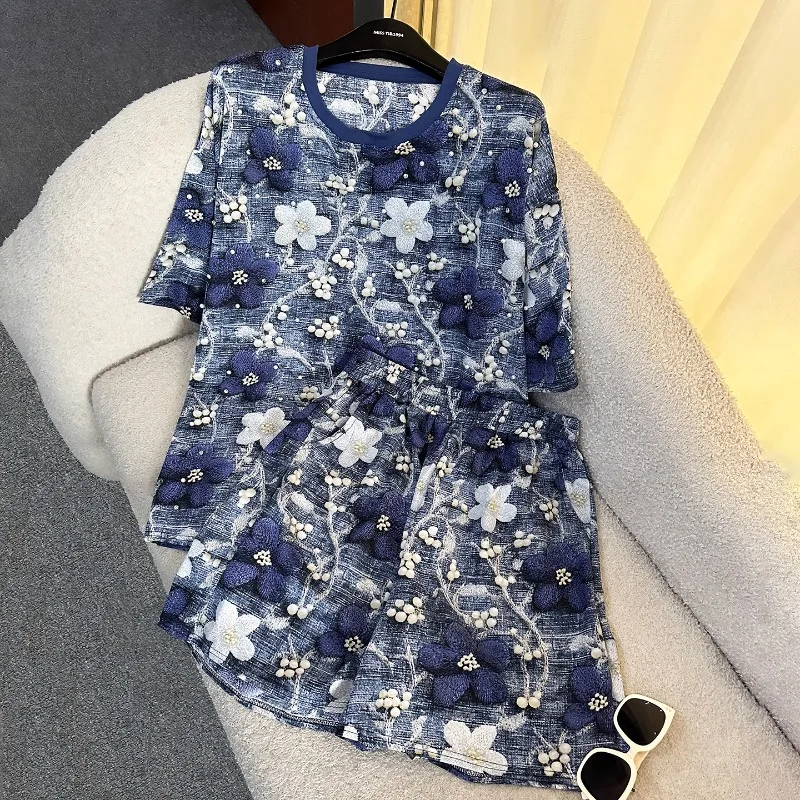 

Fashion Casual Beaded Flower Printing Short Sleeved T-Shirt Suit Summer Loose Versatile Top T Shirt + Shorts Two-piece Set Women