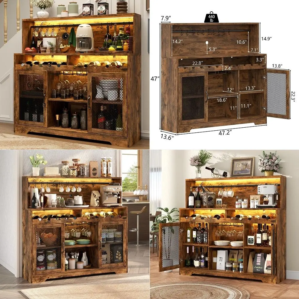 

Wine Bar Cabinet with LED Light, Liquor Cabinet with Glass Holder, Coffee Bar for Liquor, Storage Buffet with Wine Racks, Wine