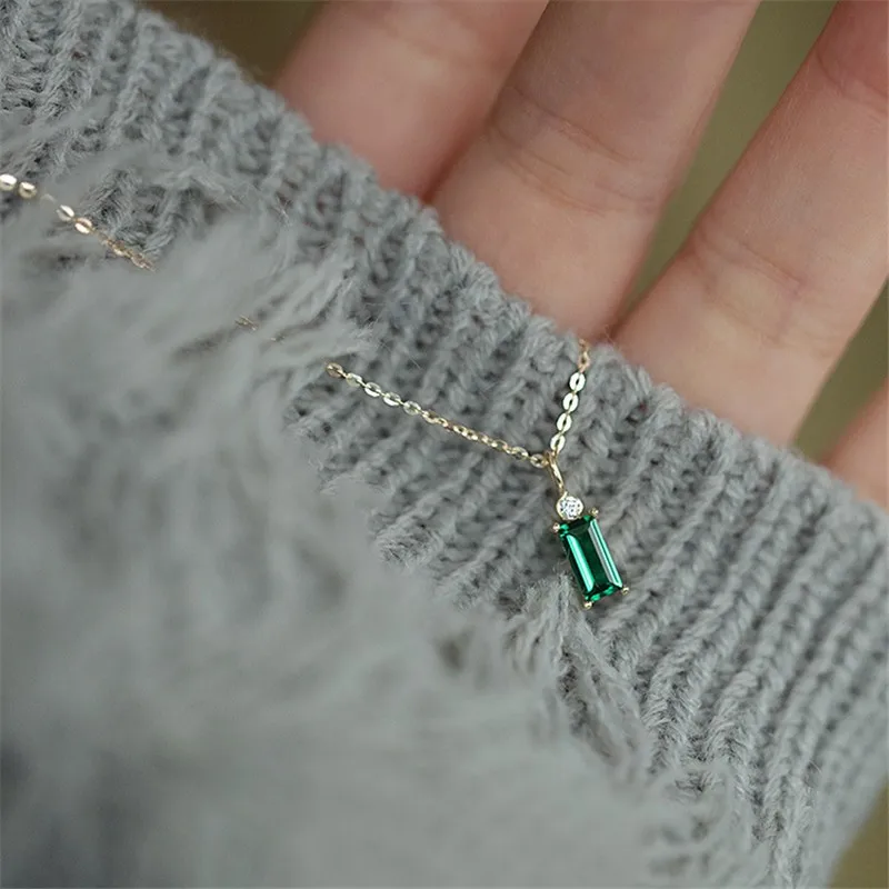 Rectangular Green Zircon Pendant Necklace for Women Korean Style Simple Golden Silver Color Clavicle Chain collar Wholesale