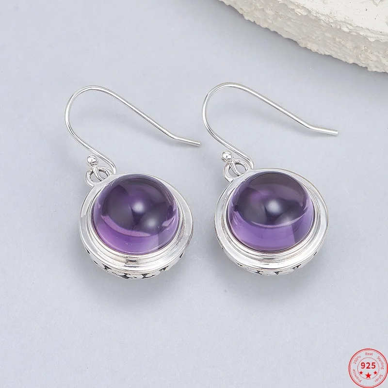 

Женские серьги-капли из стерлингового серебра 925 пробы с полым узором и инкрустацией из натурального аметиста, модные ювелирные изделия оптом