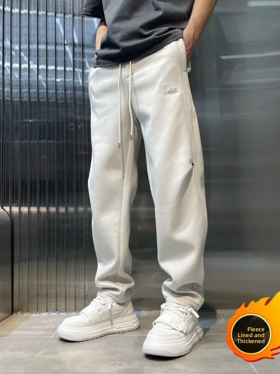 

Мужские прямые спортивные брюки на флисовой подкладке, утепленные повседневные спортивные брюки, однотонные, в американском стиле, свободного кроя, осень-зима