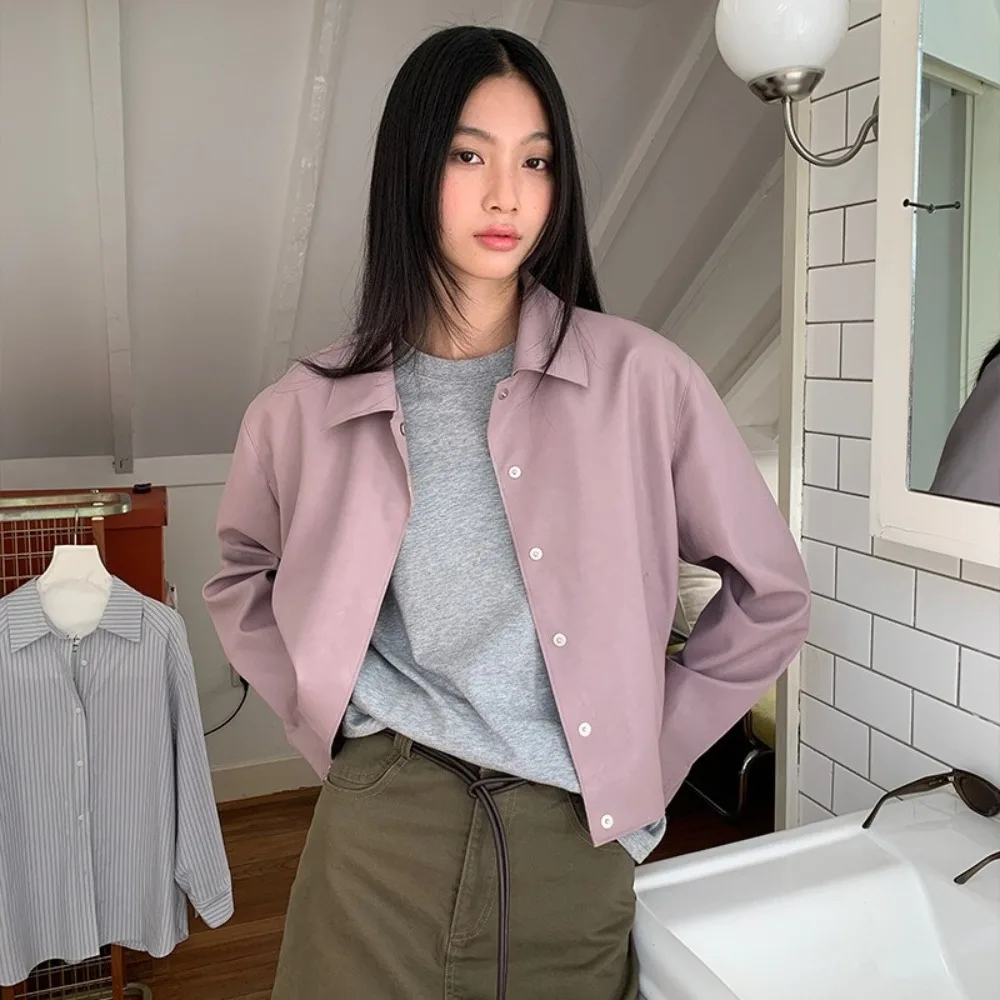 

Short Leather Jacket for Women's Spring New Women's High-end Lapel Simple Style Jacket