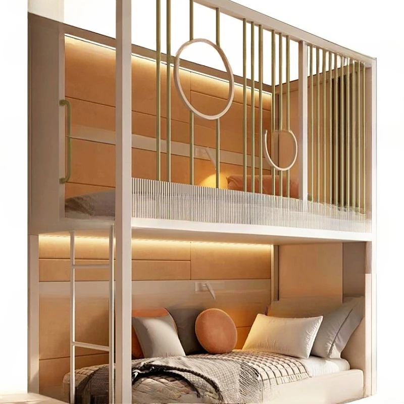 سرير علوي وسفلي حديث وبسيط، سرير عالي وسفلي من الخشب الصلب بطول 1 متر 2 سرير بفتحة دائرية سلم