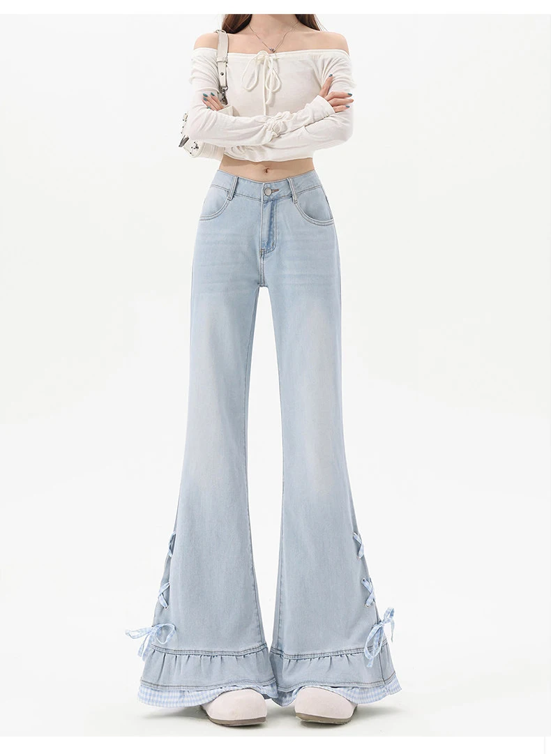 Ruffle Strap Bow Slightly Flared Jeans Fashion Patchwork Women's Jeans 2026 Spring Autumn New High Waist Slim Fit Long Pants