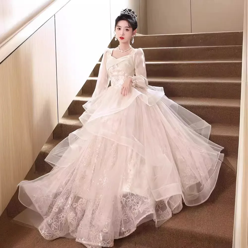 

Champagne Patchwork Evening Dresses Women Long Sleeves Square Collar Printing Quinceanera Dress Exquisite Elegant Prom Gown