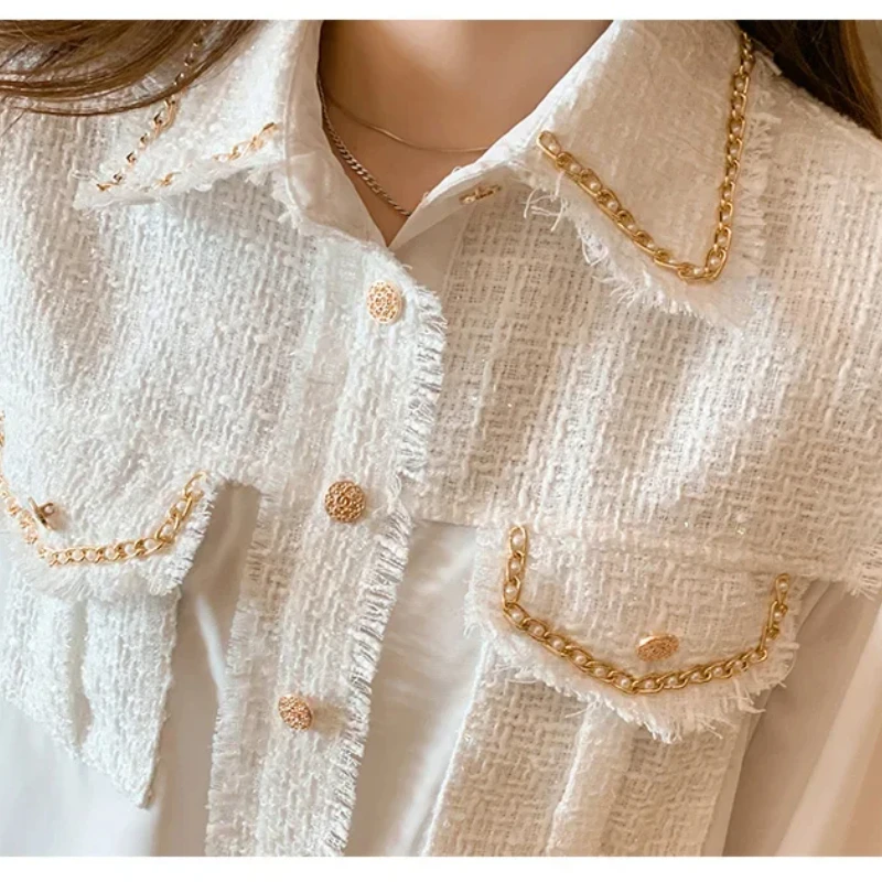 Summer New Shirt Women Blouse Long Sleeve Chiffon Fashion Button Splicing Lattice Loose Pocket Beaded Lfound Casual Tops