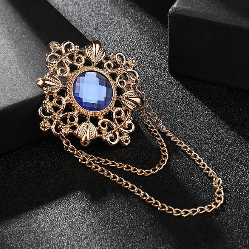 Retro Palace Gem Brooch Men's Suit Pin Vintage Rhinestone Cross Tassel Lapel Pins with Chain Badge Luxury Jewelry Accessories