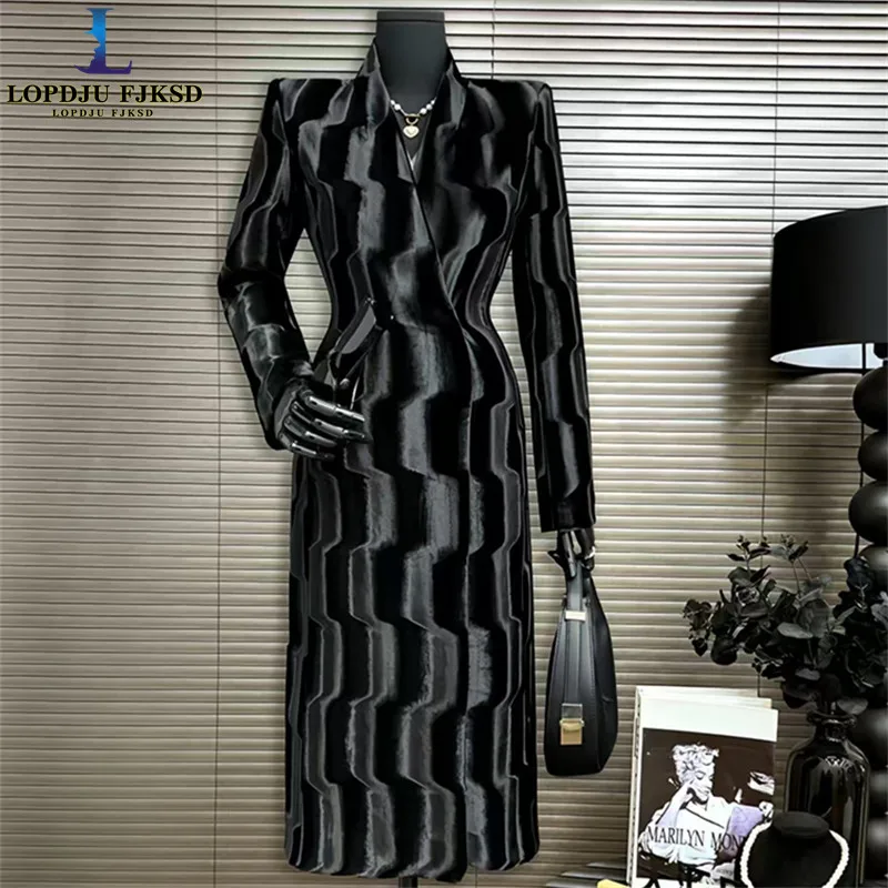 Women's Luxury Velvet Embossed Water Ripple Stand up Collar Coat Knee Length Casual Autumn Winter New 2026
