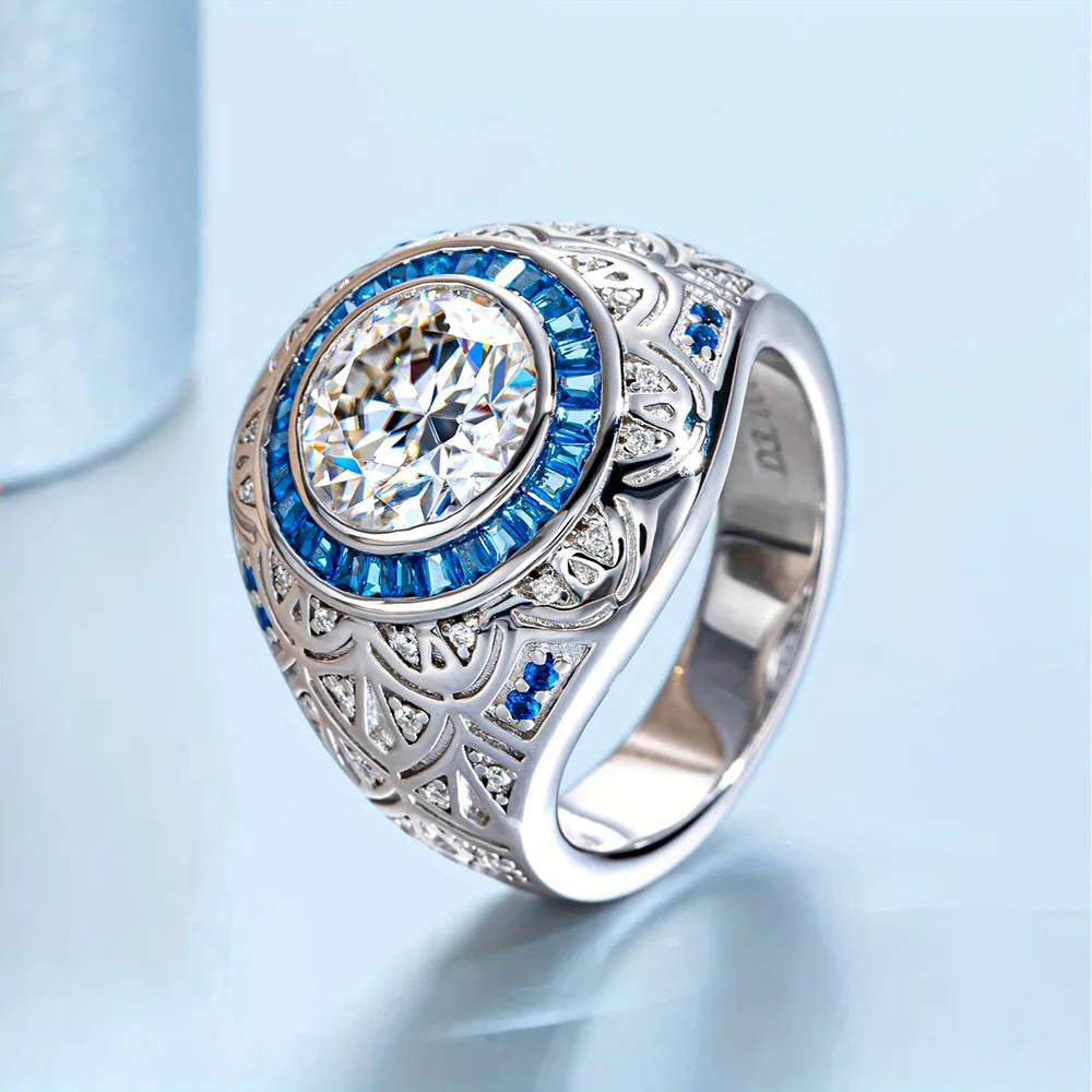 

LYCFN 9MM Moissanite Blue Angel Eyes Cuba Men Ring 925 Sterling Silver With GAR Vintage Engagement Ring For Men