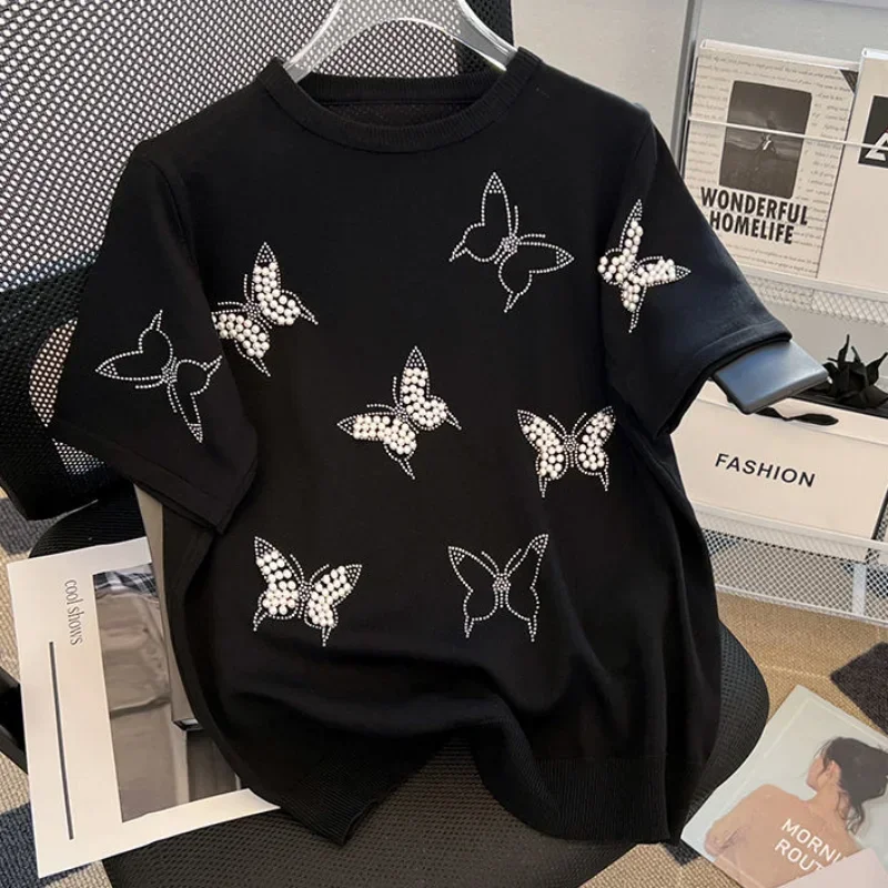 

QNPQYX Футболки с короткими рукавами Женские летние расклешенные топы с вышивкой Шикарные модные повседневные мягкие футболки Женский