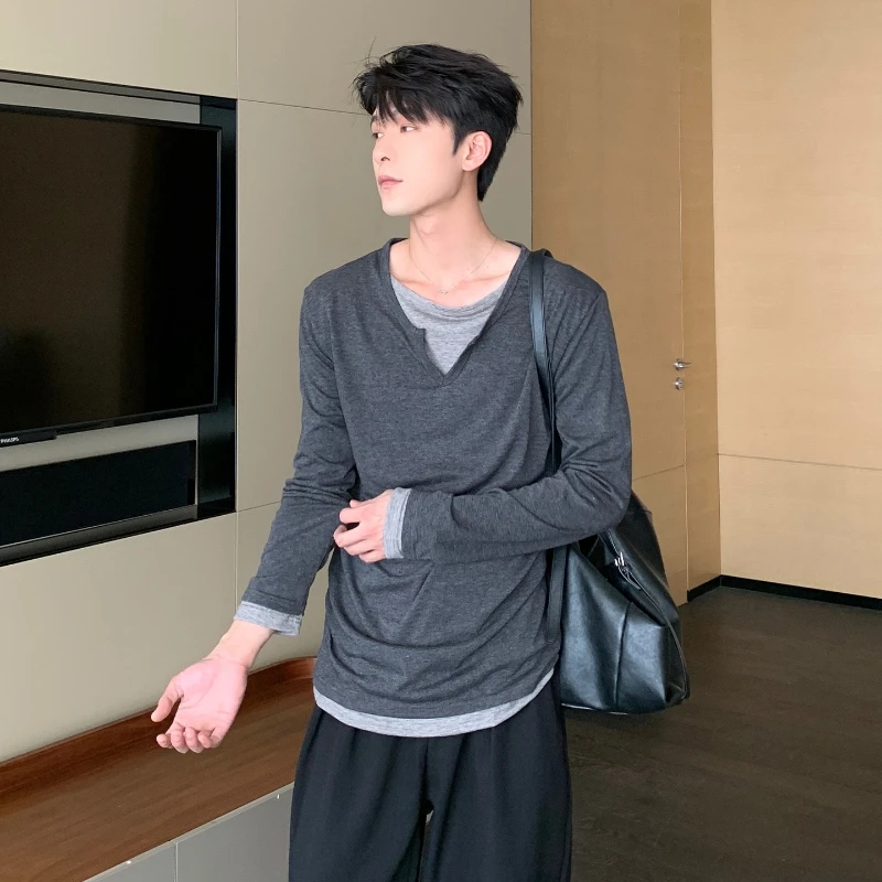 Men's 2025 Early Autumn New Faux Two-Piece Tops Men's Fashion Long Sleeve Round Neck Chic T-Shirts Loose Comfort Breathable Tees