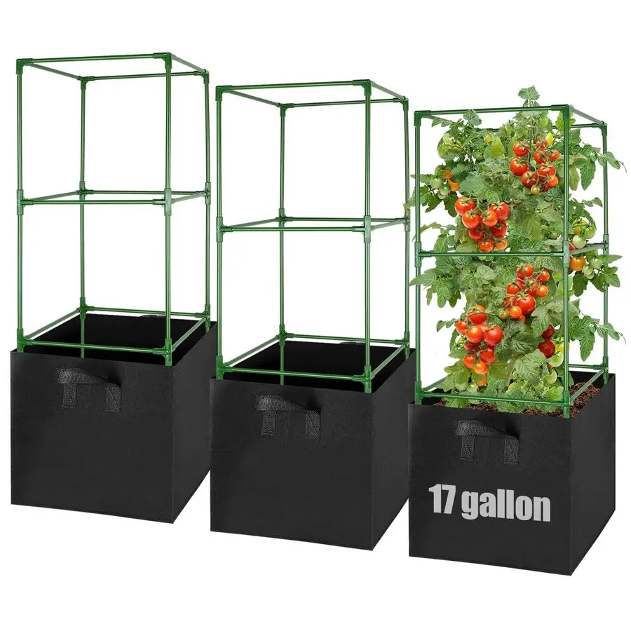 

3 комплекта опор для томатов с мешками для выращивания объемом 17 галлонов, 46 прочных подставок-решеток для растений, набор горшков для томатов, для садовых овощей и огурцов