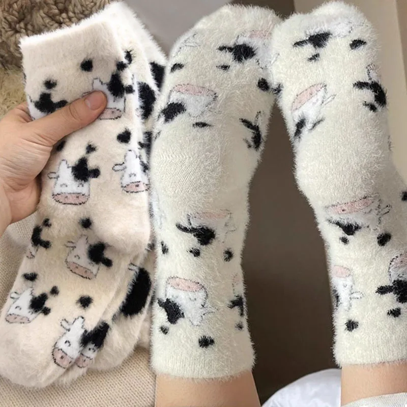 1/2Pairs Cartoon Cow Plush Mid-Tube Socks Women Girls Lovely Fuzzy Milk Spotted Pattern Thickened Stocking Autumn Winter Socks
