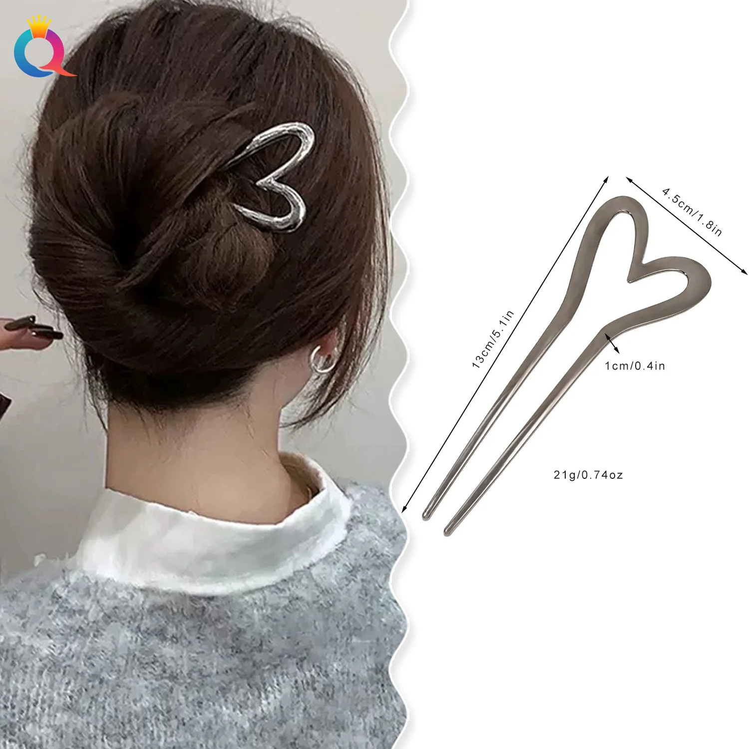 Love-shaped U-shaped hairpin, high-end feeling metal coiled hairpin, simple hairpin hair accessory.