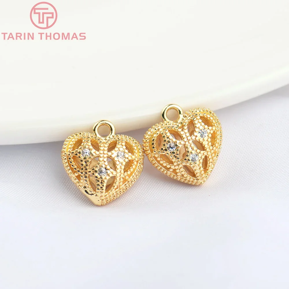 (4994)4PCS 11x10MM 24K Gold Color Brass with Zircon Heart Charms Pendants High Quality DIY Jewelry Making Findings Wholesale