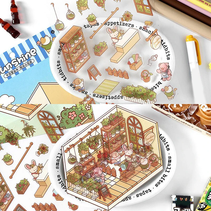 1set Cartoon Pocket DIY Scene Landscaping Decoration Sticker 3D Landscape Hut Handbag Decals PET Sticker