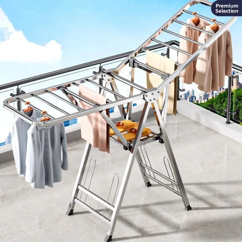 

Stainless Steel Floor Mounted Clothes Drying Rack Home Use Balcony Clothes Hanger Wing Shape Quilt Drying Clothes Storage Org...