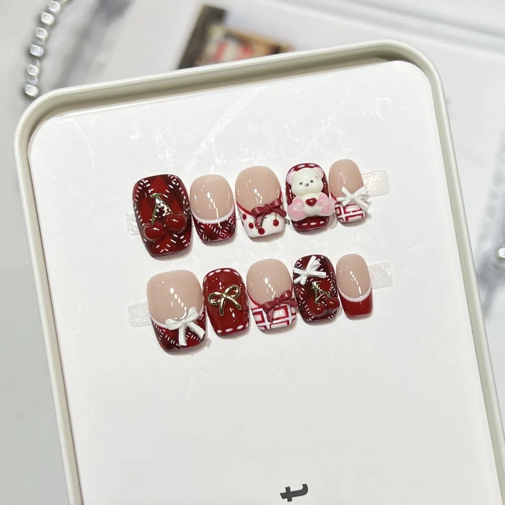 10 Pieces Cute Teddy Bears French Handmade Press On Nails Sweet Cherry Bows Fake Nails Red White Stripes Art Nails Reusable