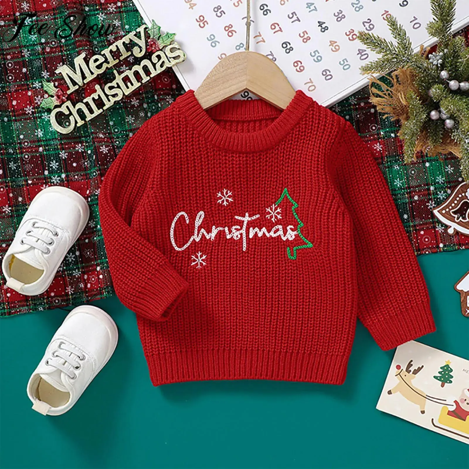

Toddler Baby Christmas Jumper Autumn Winter Sweater Long Sleeve Round Neck Letter Knitted Top for Xmas New Year Party Holiday