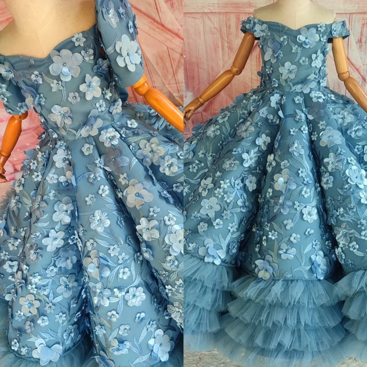 Custom Flower Girl Dress Wedding Gown Birthday Party Pageant Dress Off Shoulder 3D Floral Tiered Tulle Ball Gown For Girls فساتي