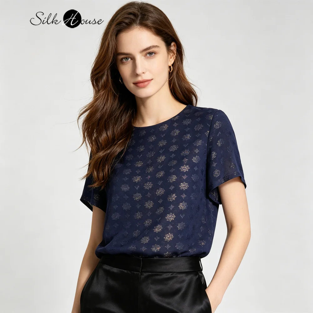 2026 Women's Fashion Summer New 100% Natural Mulberry Silk Jacquard Satin Treasure Blue Round Neck Short Sleeve T-shirt