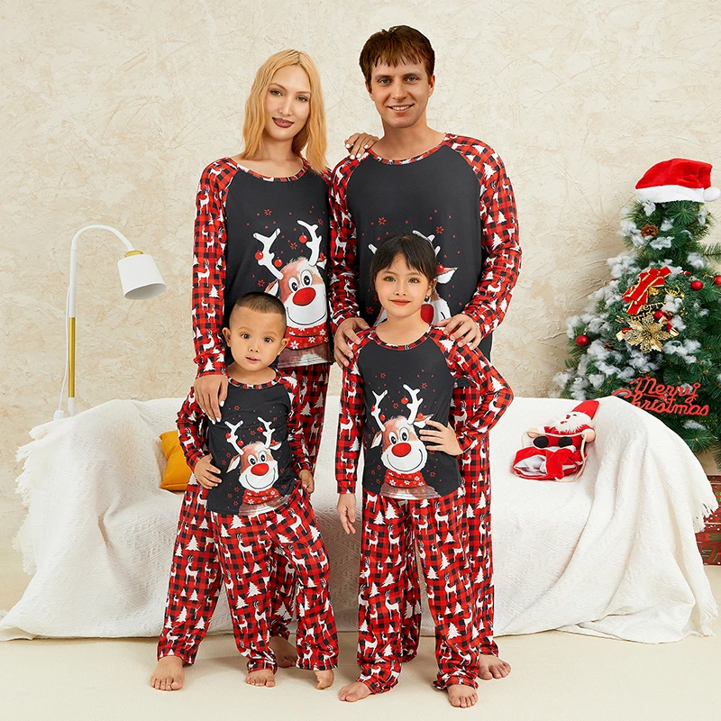 Christmas Matching Family Pajamas Snowflake Reindeer Santa Claus Pattern Long-sleeve Tops Trousers Jumpsuit