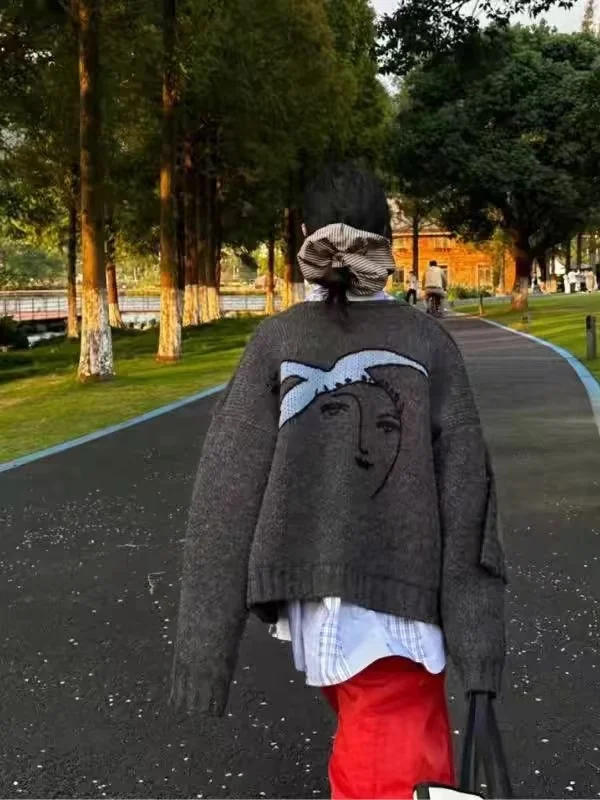 

Американский ретро забавный узор круглый вязаный открытый кардиган мужской свободный повседневный свитер тройник модный брендовый мягкий удобный