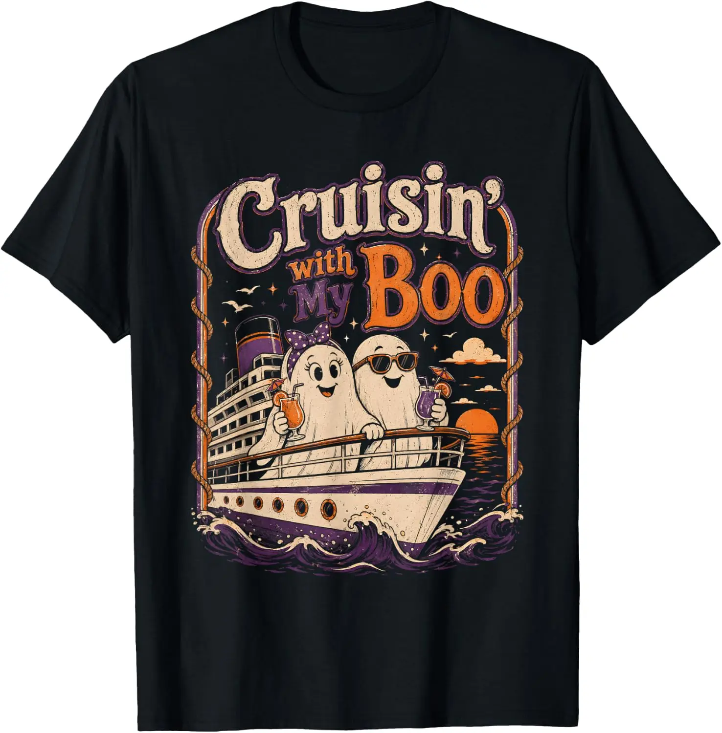 Cruisin' With My Boo Halloween Couples Cruise Ship Trip T-Shirt Cute Halloween Pumpkin Short-Sleeve Tee: Fun, Breathable, Pure Cotton, Stylish—Perfect for Sports, Lounging, or Casual Wear.