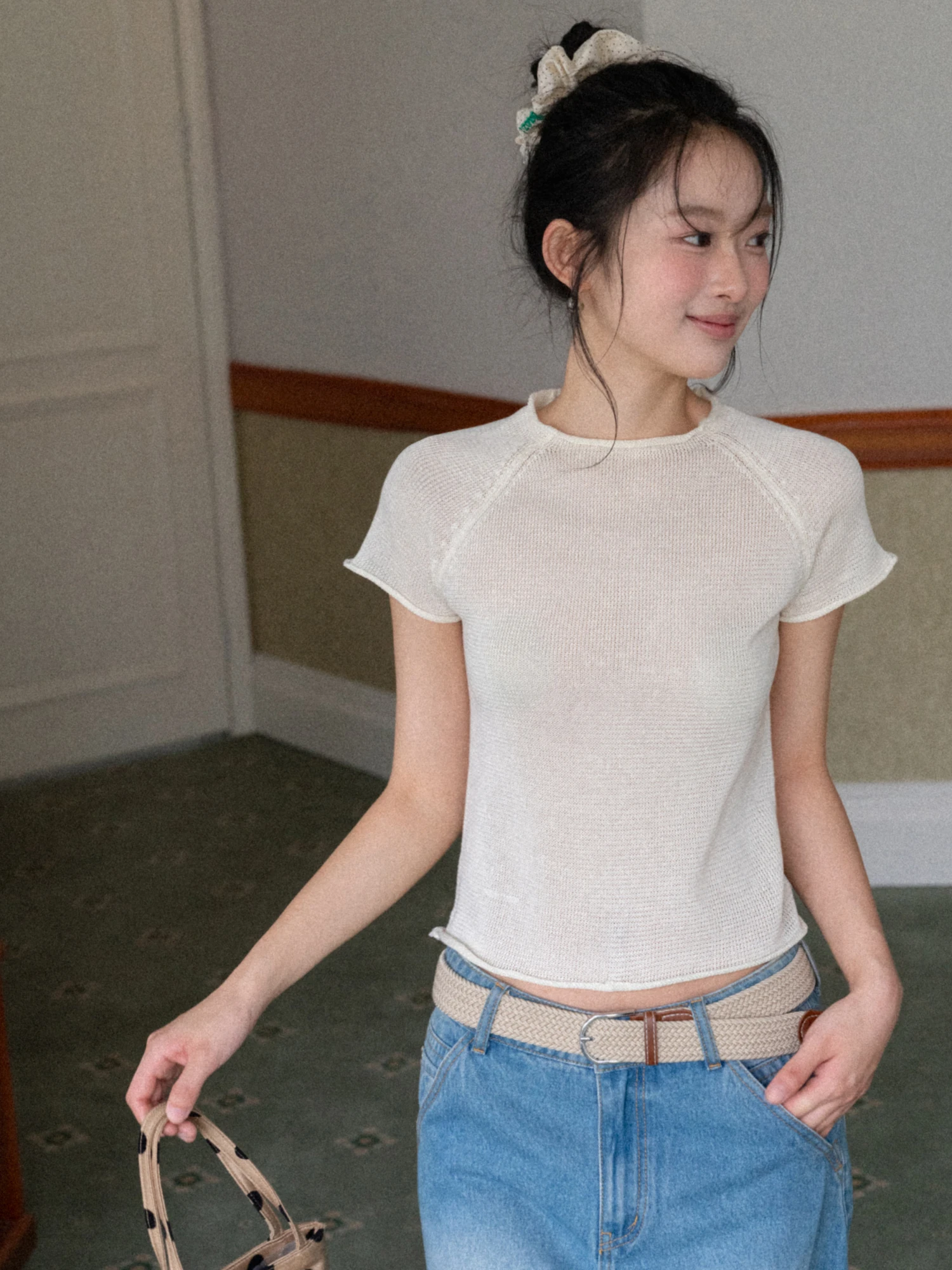 EGGKA Short Knitted Top Shoulder Sleeve Insert Thin Summer Commute Simple Style Women's Fashion Viscose Blend Breathable