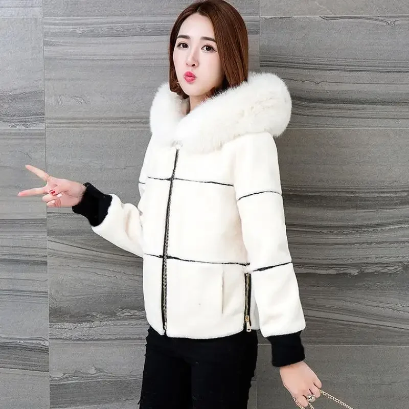 Women New 2020 Autumn Winter Faux Fur Short Coat Female Thicken Warm Casual Hooded Jacket Artificial Sheep Shearing Outwear H196